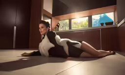 the woman is sitting on the floor in a very elegant black and white outfit
