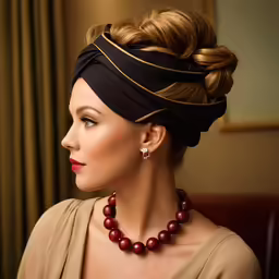 the woman is wearing an elegant necklace and brown shirt