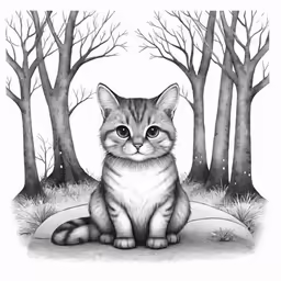 an ink drawing of a cat sitting in front of some trees