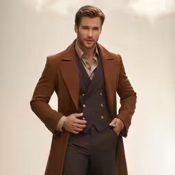 a man in a brown suit and tie wearing a red coat