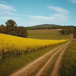 a path runs through a field of yellow flowers