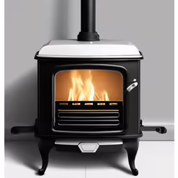 a black stove with an orange fire