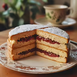 a three layer cake on a plate is cut from the cake