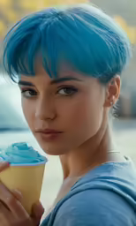 the woman is holding an ice cream cup
