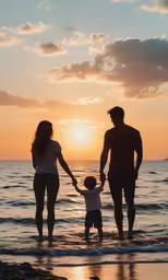 the man, woman and child stand on a beach as the sun sets