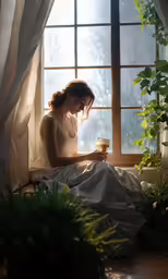 there is a woman sitting in a window holding a tea cup