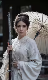 a woman in white clothing with an open umbrella
