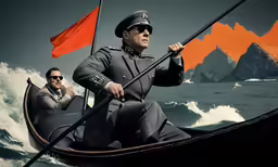 a man riding on the back of a boat with two men in it