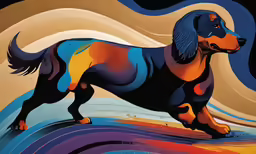 a painting of a colorful dog standing in the sky