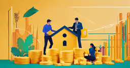 a business presentation shows a yellow house and two women shaking hands,a group of people standing around piles of gold coins