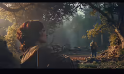 the girl is looking up at the man in the distance