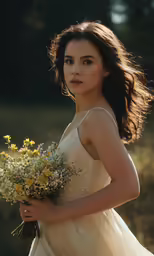 a woman in a dress holds flowers on her wedding day