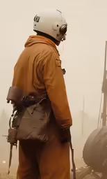 a man wearing a brown jacket and safety gear in the smoke