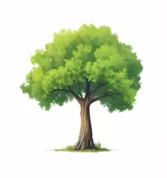 a single tree on white background with grass and blue sky