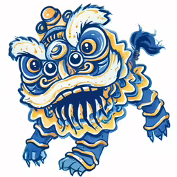 a blue and yellow lion like creature with big eyes