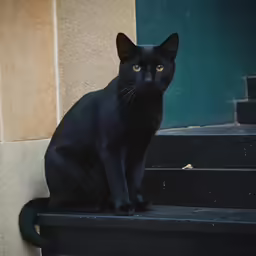 black cat sits on steps and looks at the camera
