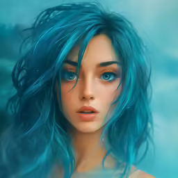 a woman with blue hair is in a pose