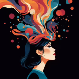 the woman with colorful hair has bright, wavy lines coming out of her head