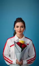 woman holding up a bouquet of roses on a blue background