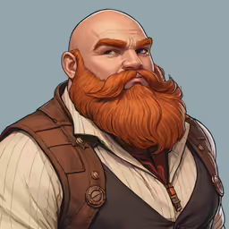 a man with an orange beard, dressed in brown vest and vest