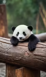 the panda is laying down on the tree branch