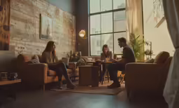 people sitting in couches around tables and windows
