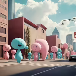 an animation scene with a blue and pink character