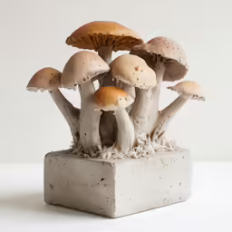 many mushrooms are placed inside a concrete planter