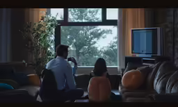 two people are sitting near a window in a living room