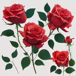 an image of red roses on the same stem,four red roses with green leaves, and a bud