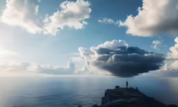 a man and woman standing on a cliff watching the clouds