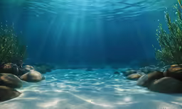 a large open water area with rocks under the water