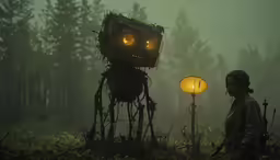 the woman is looking at the giant robot