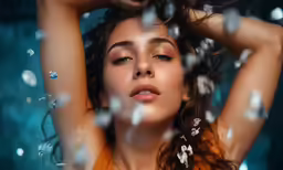 a beautiful young woman holding her hair up and blowing bubbles