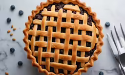 a close up of a pie with blueberries around it