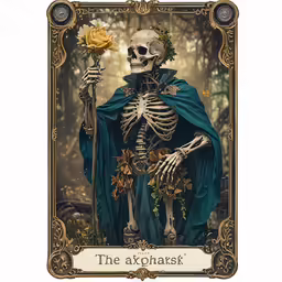 a skeleton in blue dress holding a flower