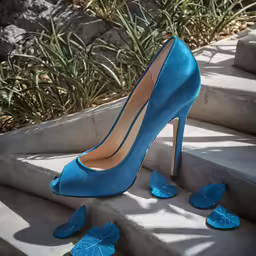 a pair of blue high heels sitting on some steps