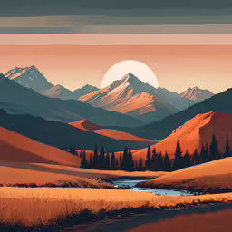 the sun sets over mountains above a stream,a landscape painting of mountains and a river in a valley