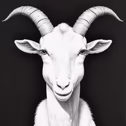 a white goat with horns and horns standing in a black room
