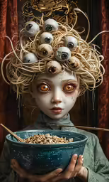 a woman with creepy make - up holding a bowl