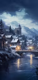 winter scene with houses next to a river,winter view with village, bridge and water on cloudy day