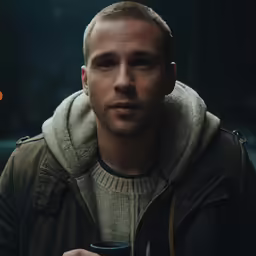 a man in brown jacket holding a coffee mug