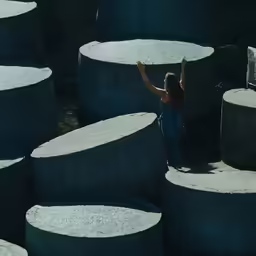 a woman holds up her arms standing among a massive pile of cement
