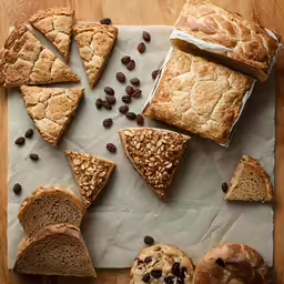 a board topped with baked goods and pieces of bread