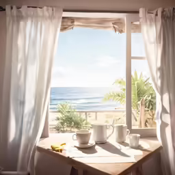 coffee cups on a table next to a window