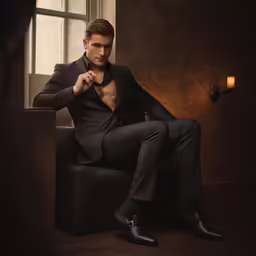 a man in suit and tie sitting in front of a window