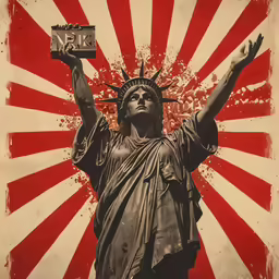 the statue of liberty is featured with her hands in the air