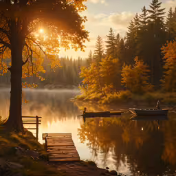 the view is beautiful with the sun shining over the lake,two small boats sit on the water with a dock and tree
