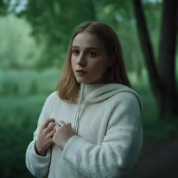 a woman standing outside wearing a white jacket