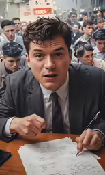 a man in suit sitting in front of a group of people